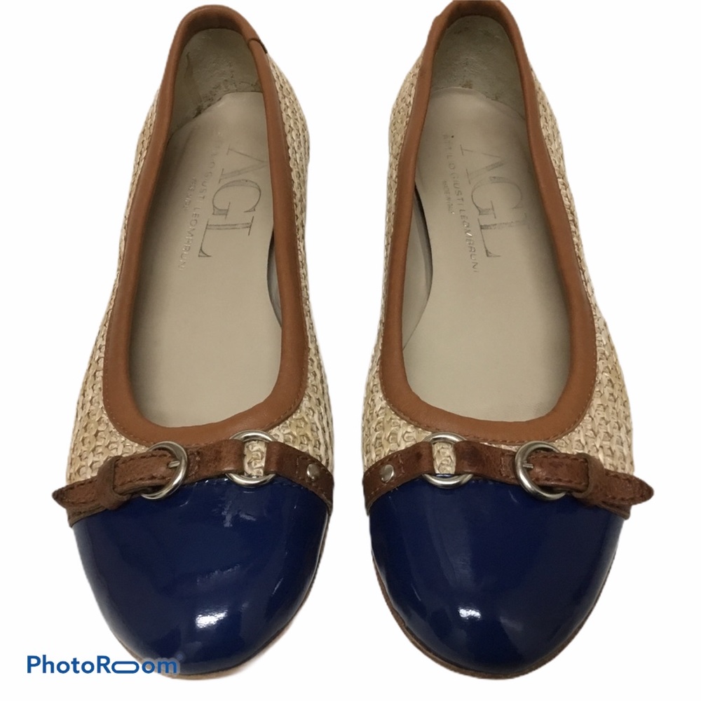 AGL woven raffia patent navy cap ballet flats